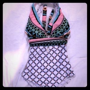 Multicolor Cut Out One Piece Halter Swimsuit